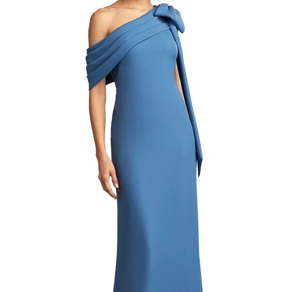 Tadashi Shoji Cadet Blue One-Shoulder Bow Detail Crepe Gown - Picture 1 of 5